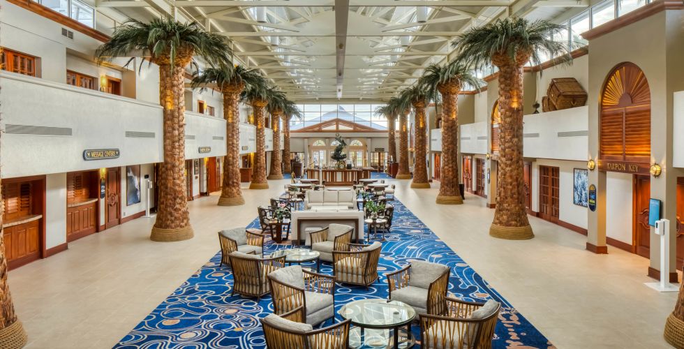 A Dining Room Table In Front Of A Building