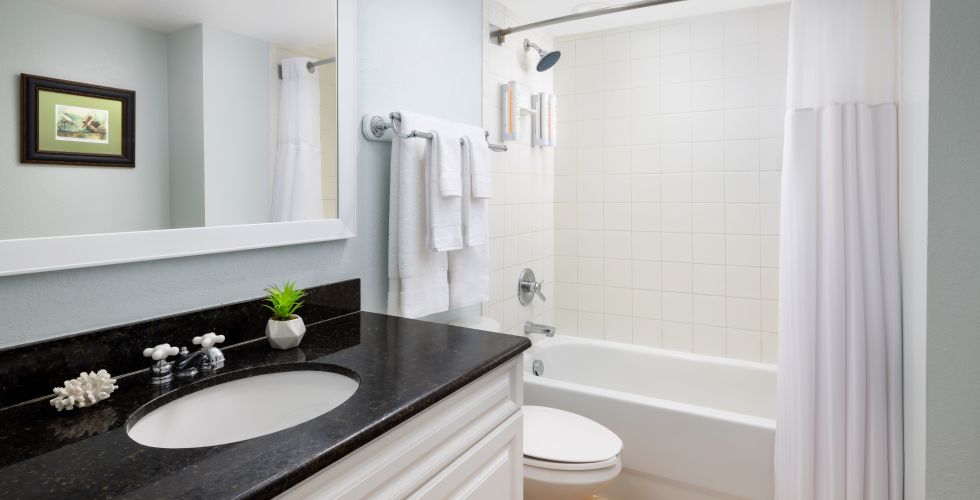 A Bathroom With A Black Countertop