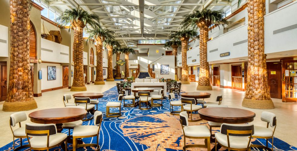 A Dining Room Table In Front Of A Building