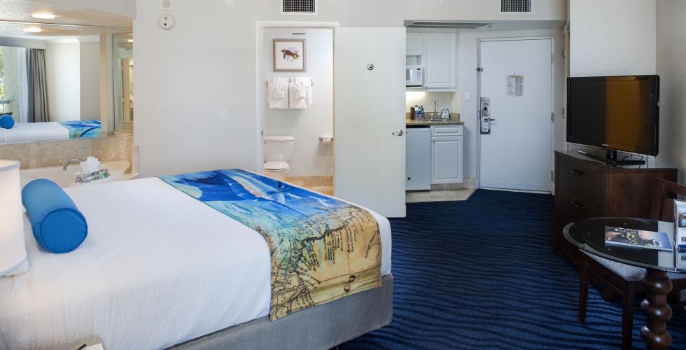 A Bedroom With A Bed And Desk In A Room